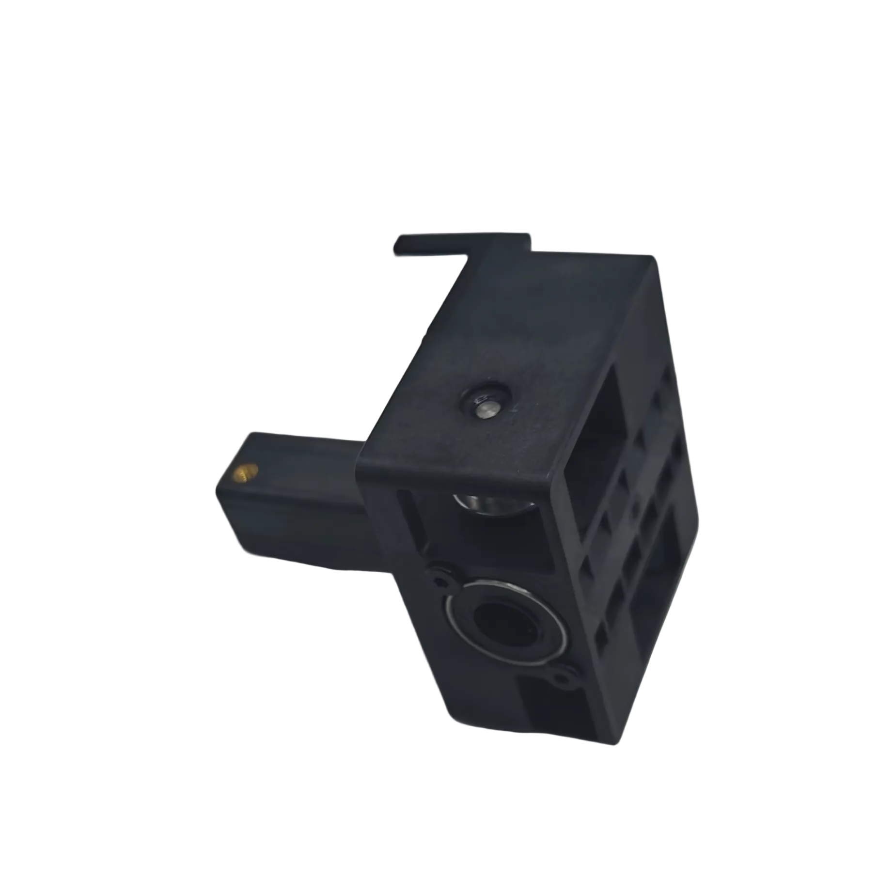 Black mechanical component on a white background