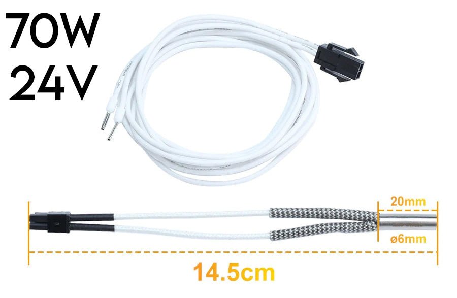 A 24V 70W Heater Cartridge with a white extension cable for 3D Printers, showing specifications such as length and diameter.