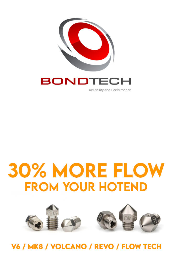 Advertisement for BondTech with their logo and text about increased flow from hotend components on a white background.