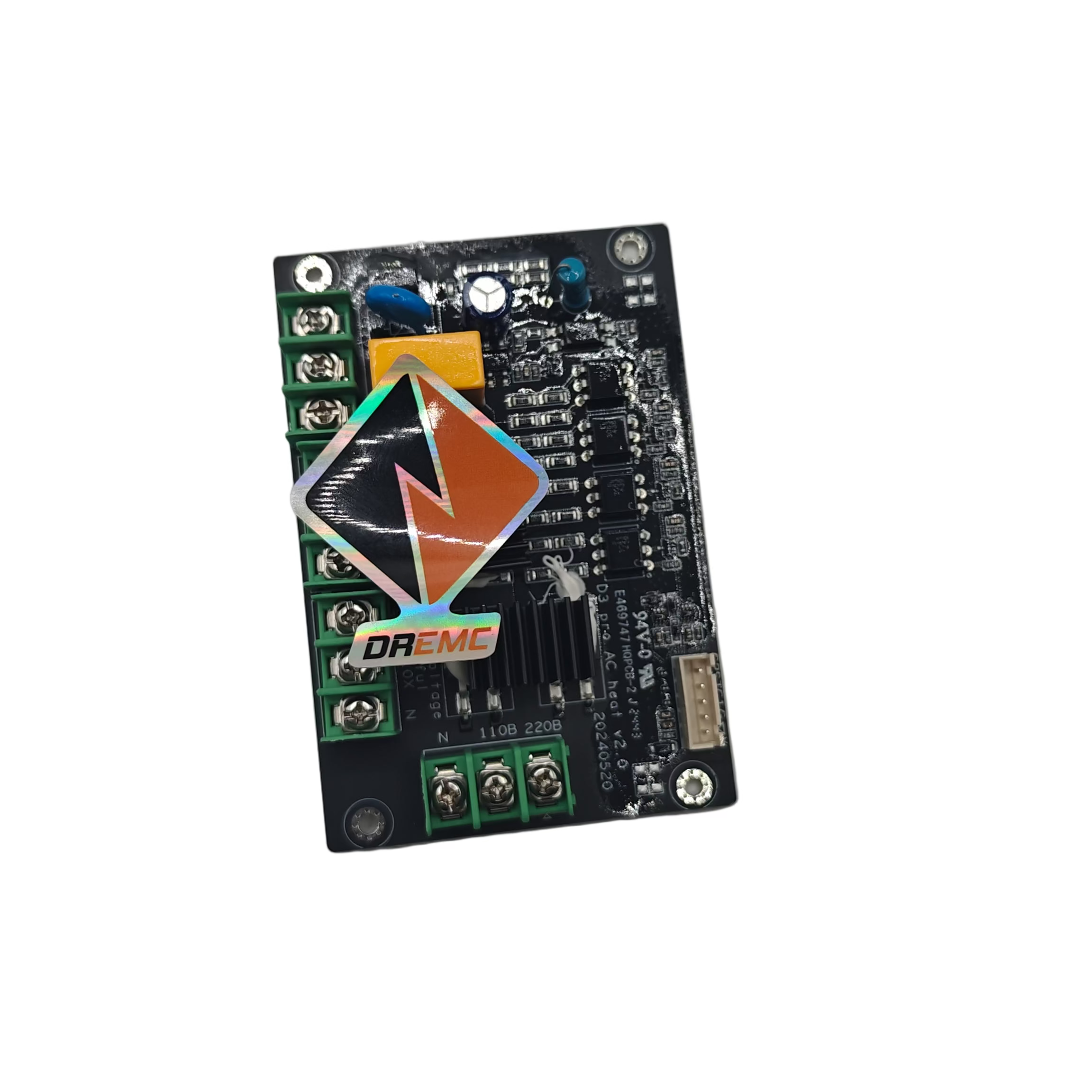 Electronic circuit board with a logo on a gray background
