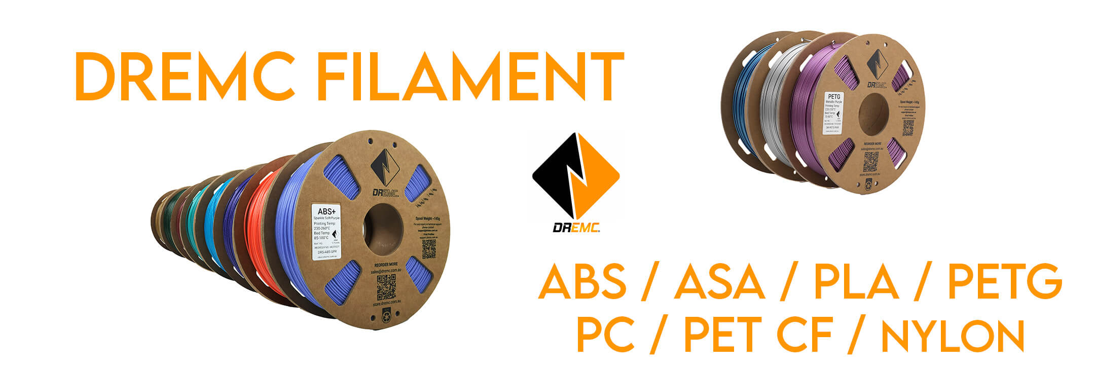 DREMC filament spools with various colors on a white background