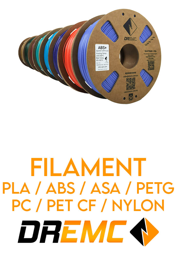 Spools of filament in various colors with DREMC branding on a white background