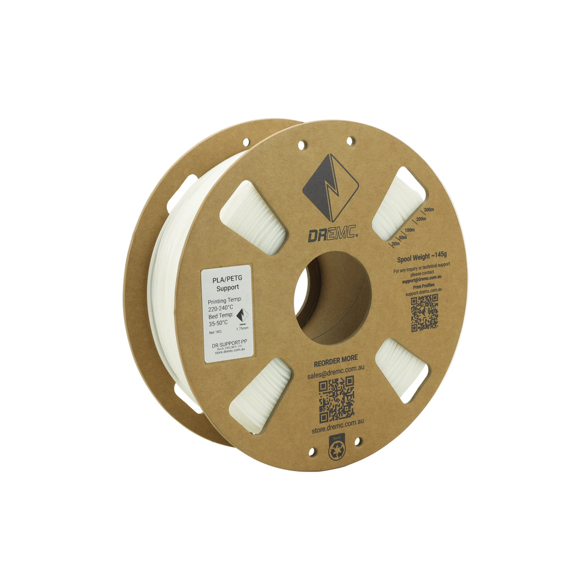 A spool of white PLA/PET Support filament by Dremic, wound on a brown cardboard core, photographed on a clean white background.