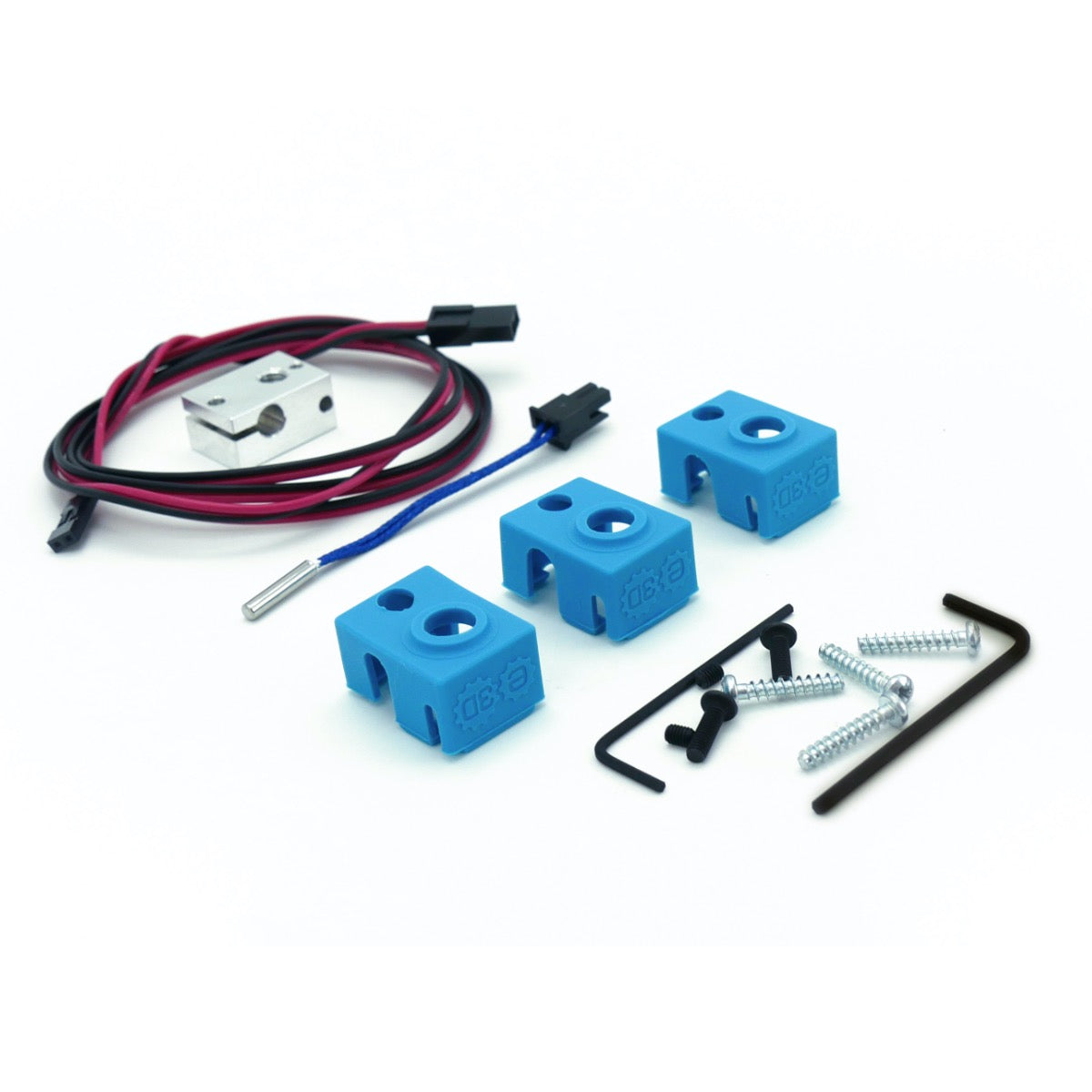 A 3D printing hotend kit with three blue thermal blocks, a silver heating element, a red and black wire harness, mounting screws, washers, and an L-shaped wrench on a white background.