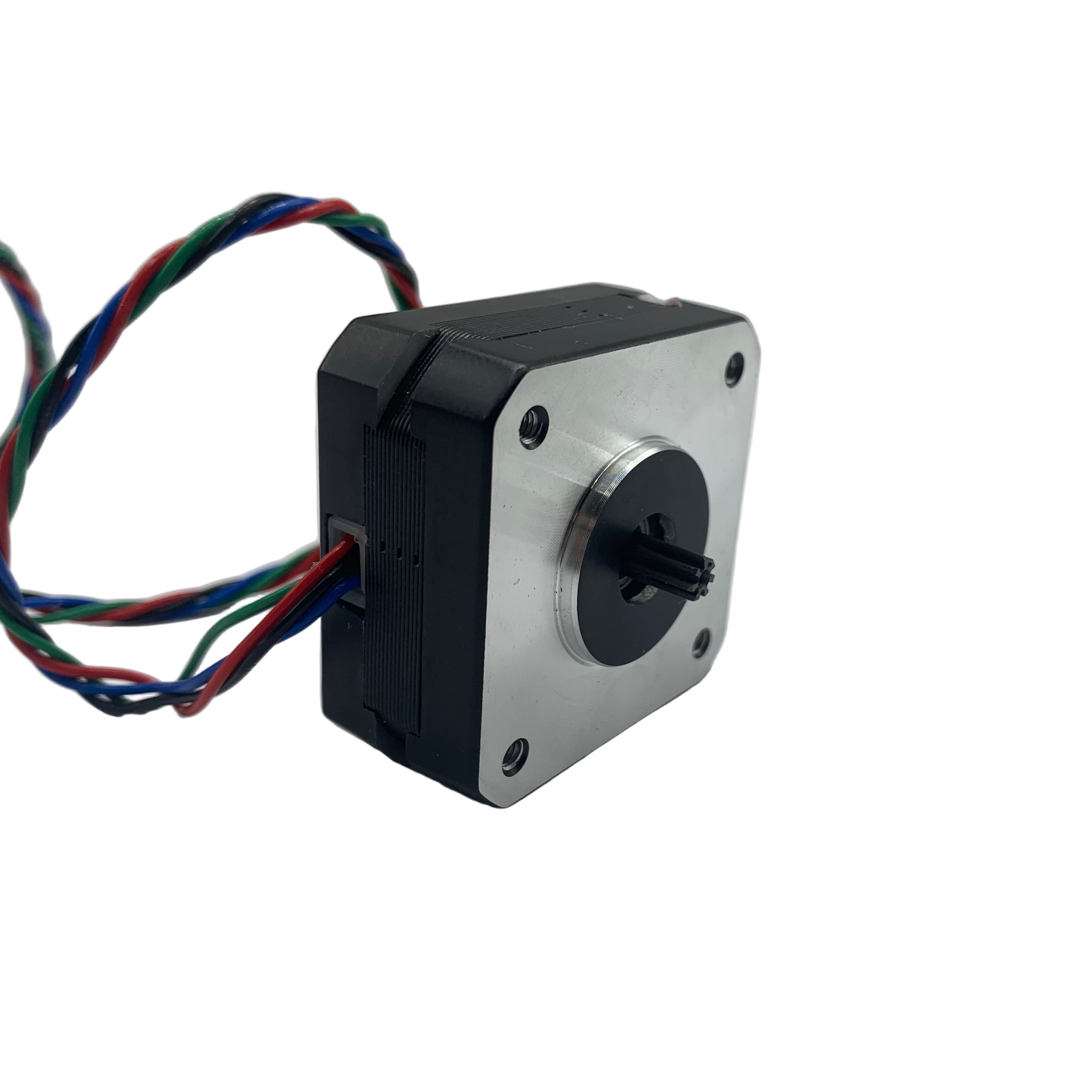 A stepper motor with multicolored wires attached to it, commonly used in 3D printing applications.