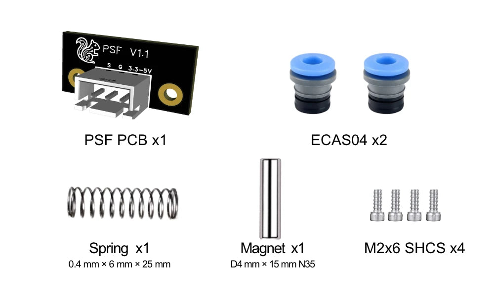List of electronic components including PSF PCB, ECAS04, spring, magnet, and screws on a white background.