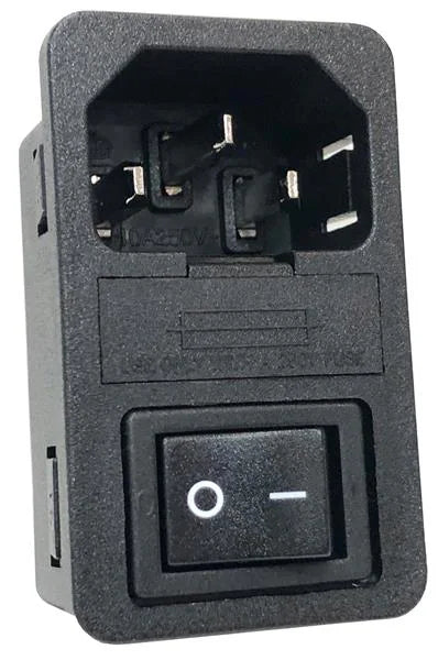 Black power socket with switch on a white background