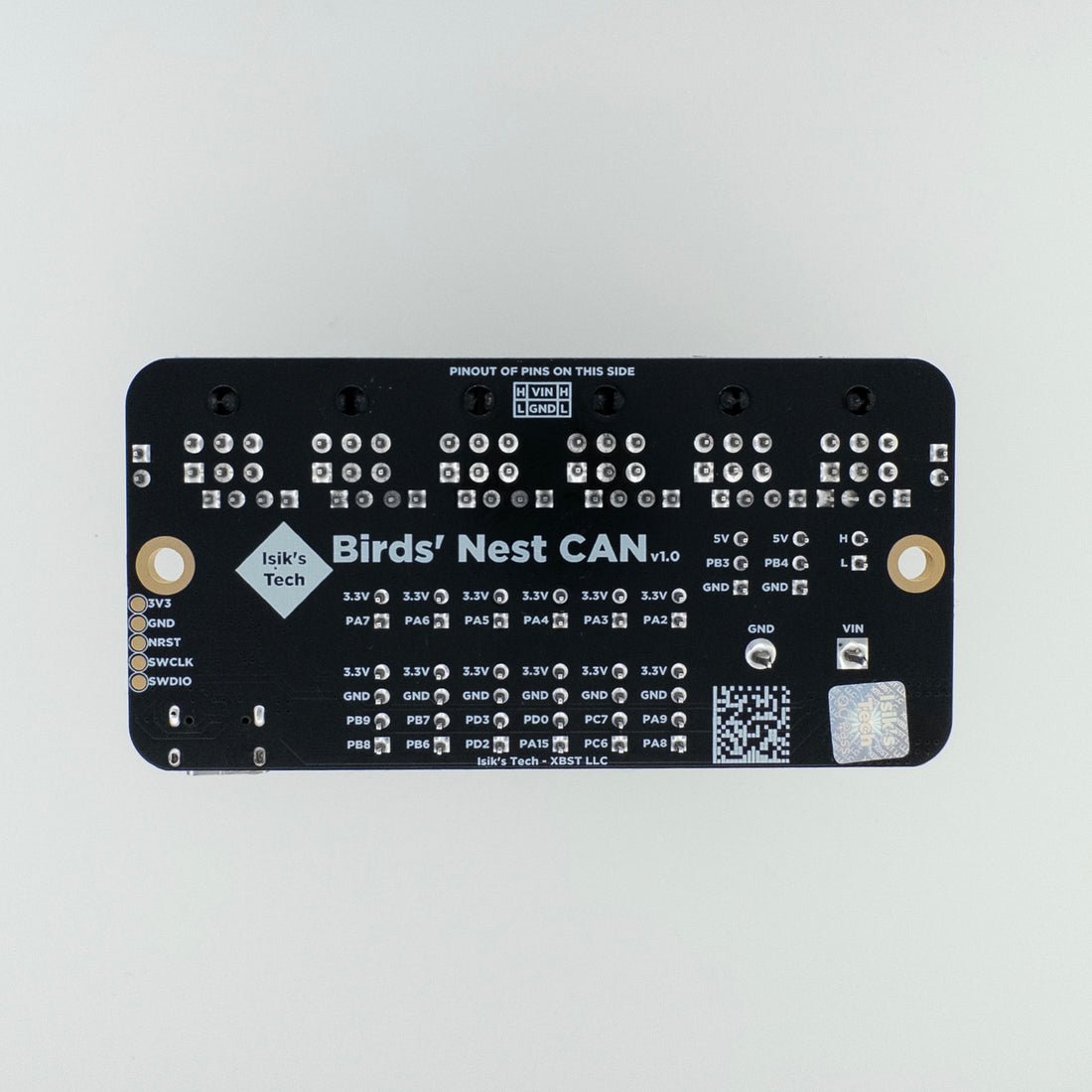 Electronic component board labeled 'Birds' Nest CAN' on a white background