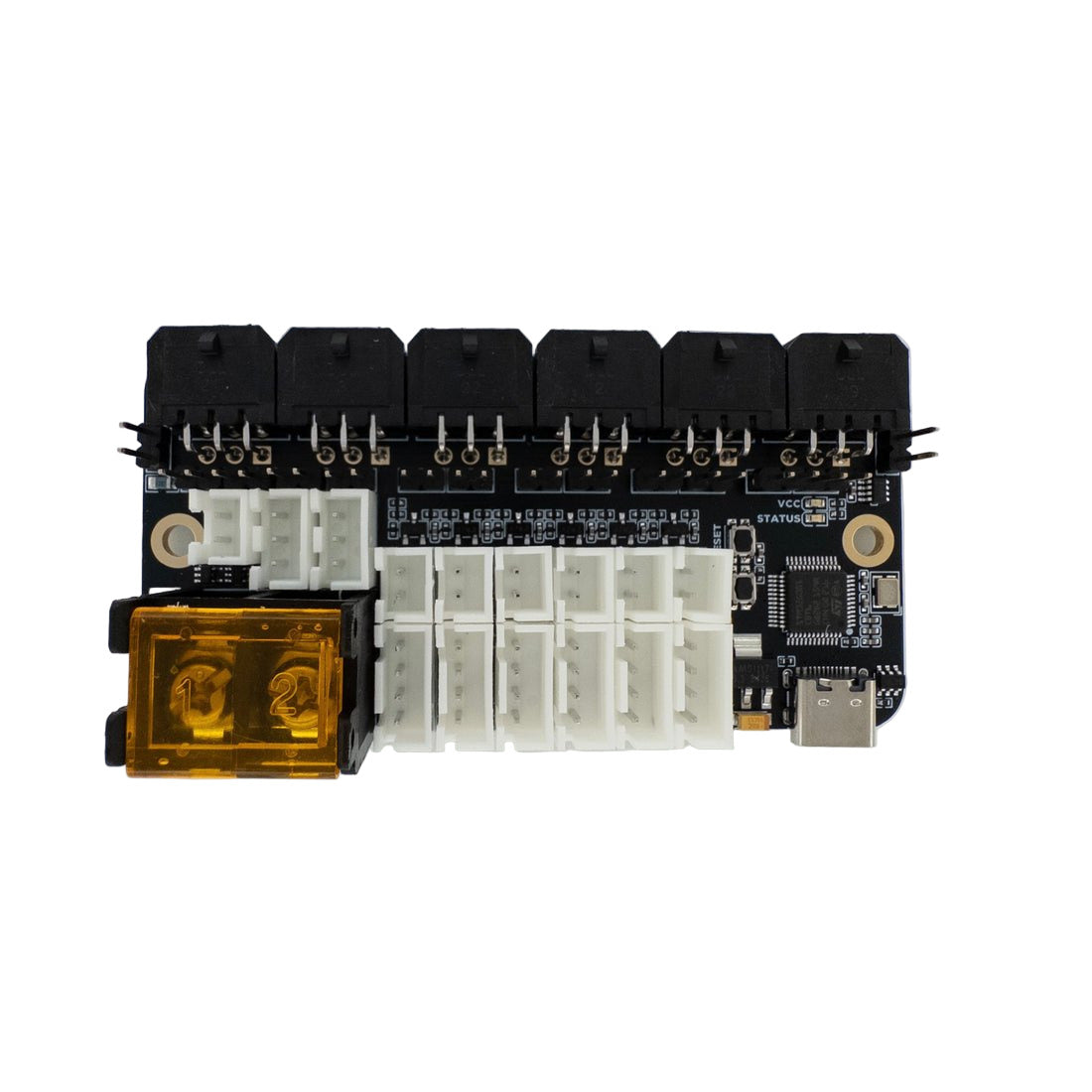 Electronic module with connectors and components on a white background
