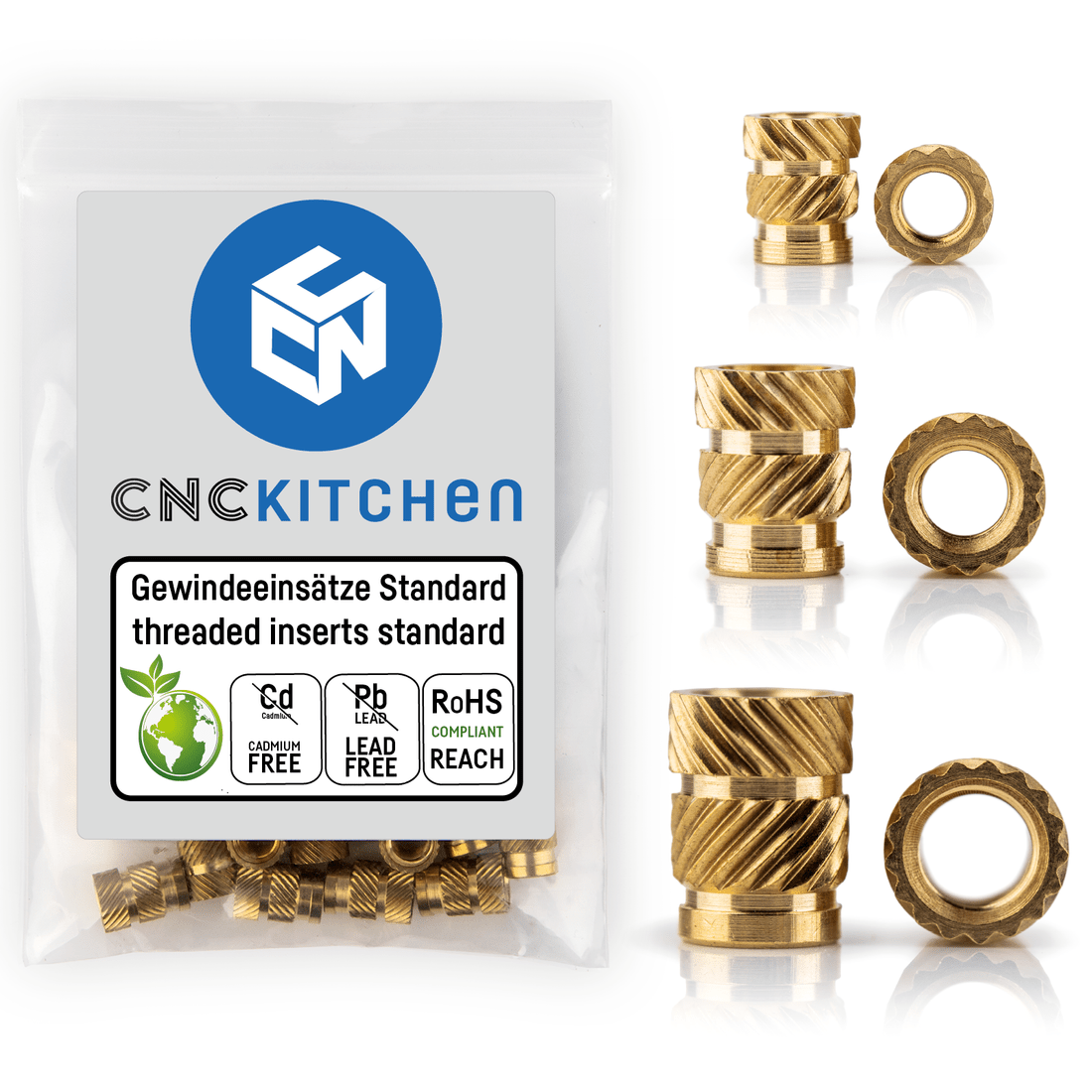 A collection of CNC Kitchen threaded inserts made from brass alloy, displayed alongside their packaging which highlights eco-friendly attributes such as being lead and cadmium free.