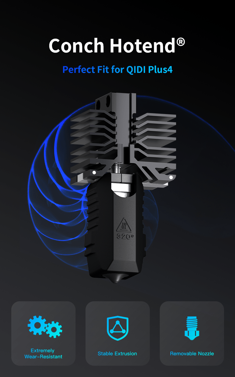 Conch Hotend for QIDI Plus4 with features highlighted on a dark background