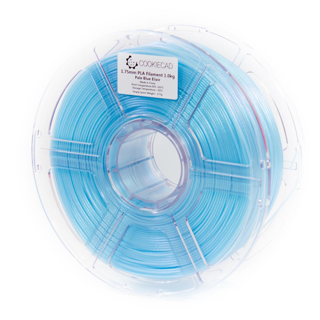 A spool of Cookiecad Elixir PLA filament in pale blue color.