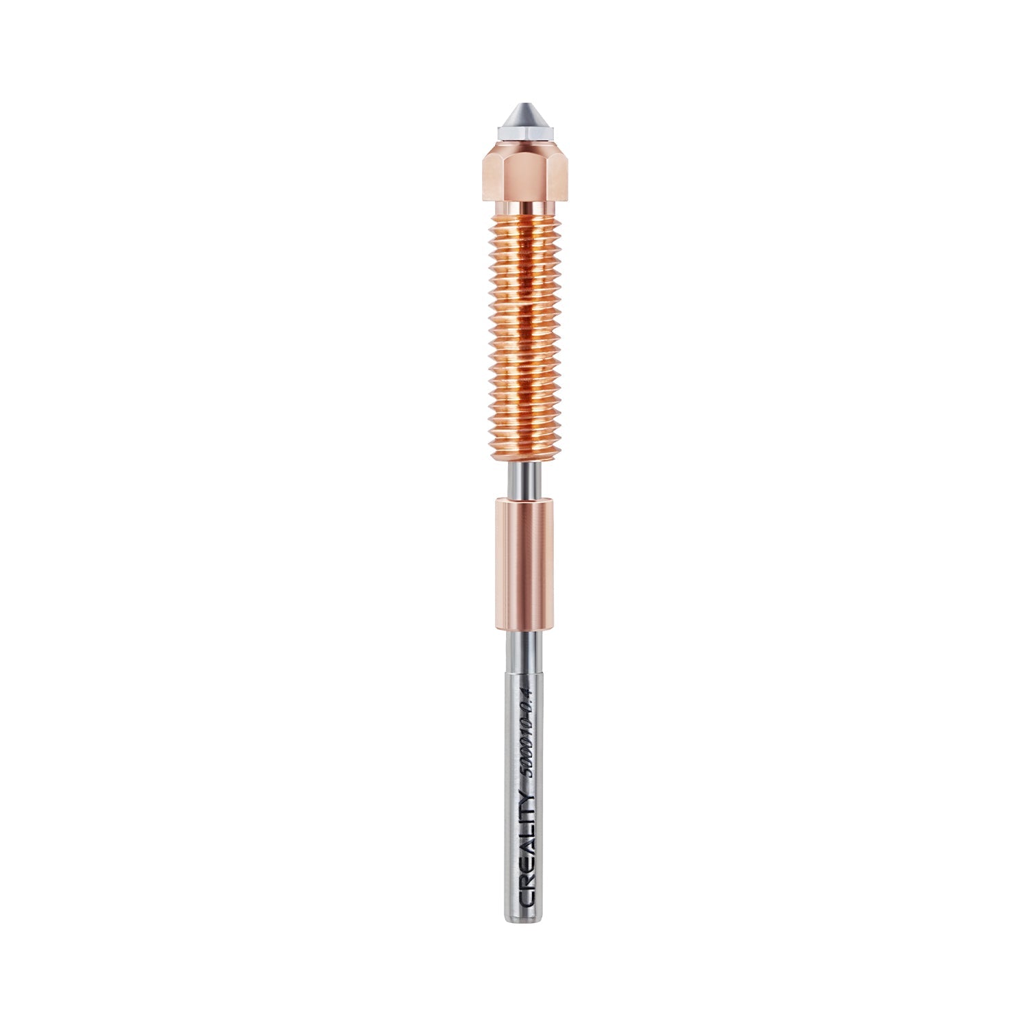 A Creality K1 Series Unicorn Nozzle with Integrated Heat Break, primarily silver in color with a copper-toned tip.