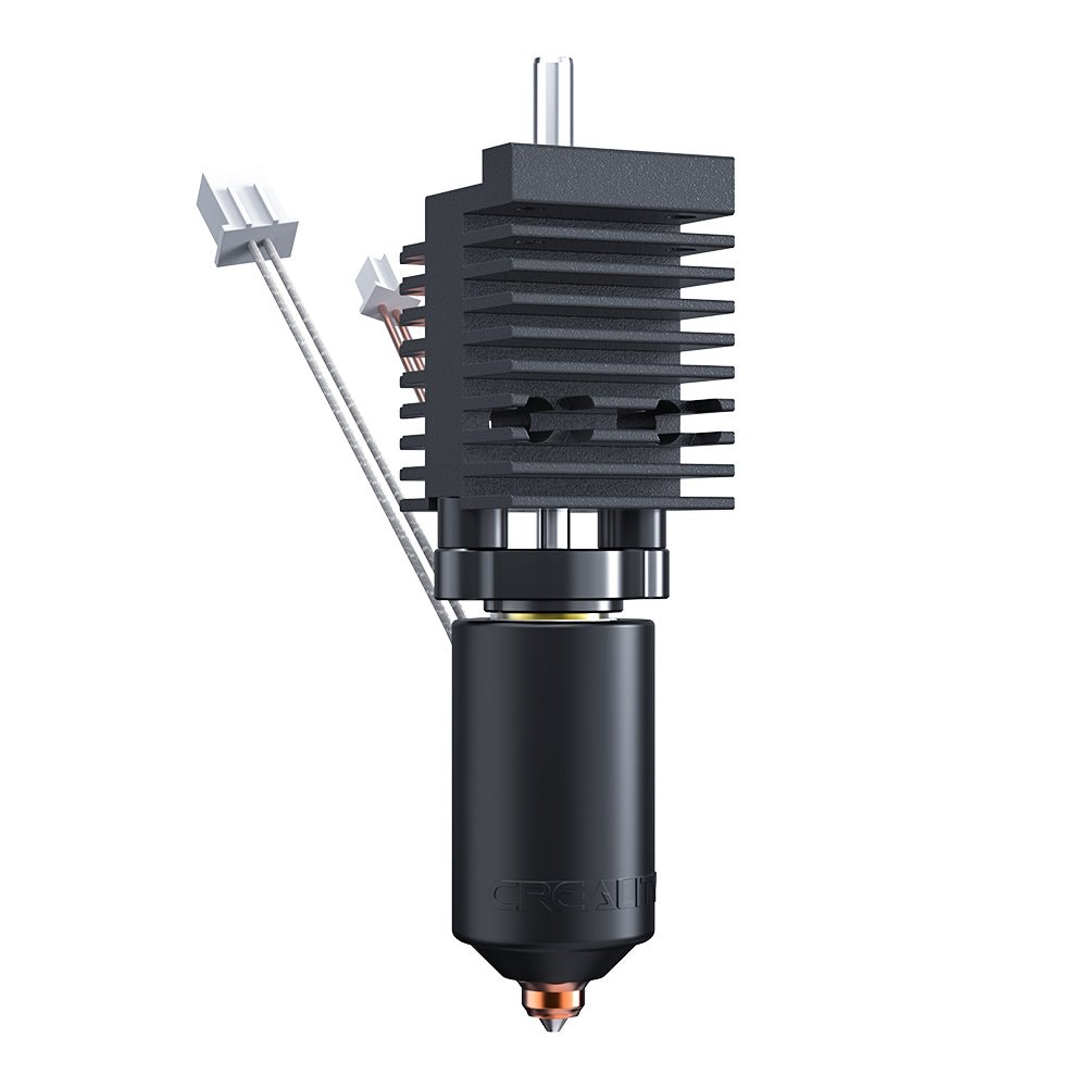 A black Creality K2 Plus Ceramic Hotend Kit, featuring a titanium alloy heat break and a copper body nozzle, designed for 3D printing.