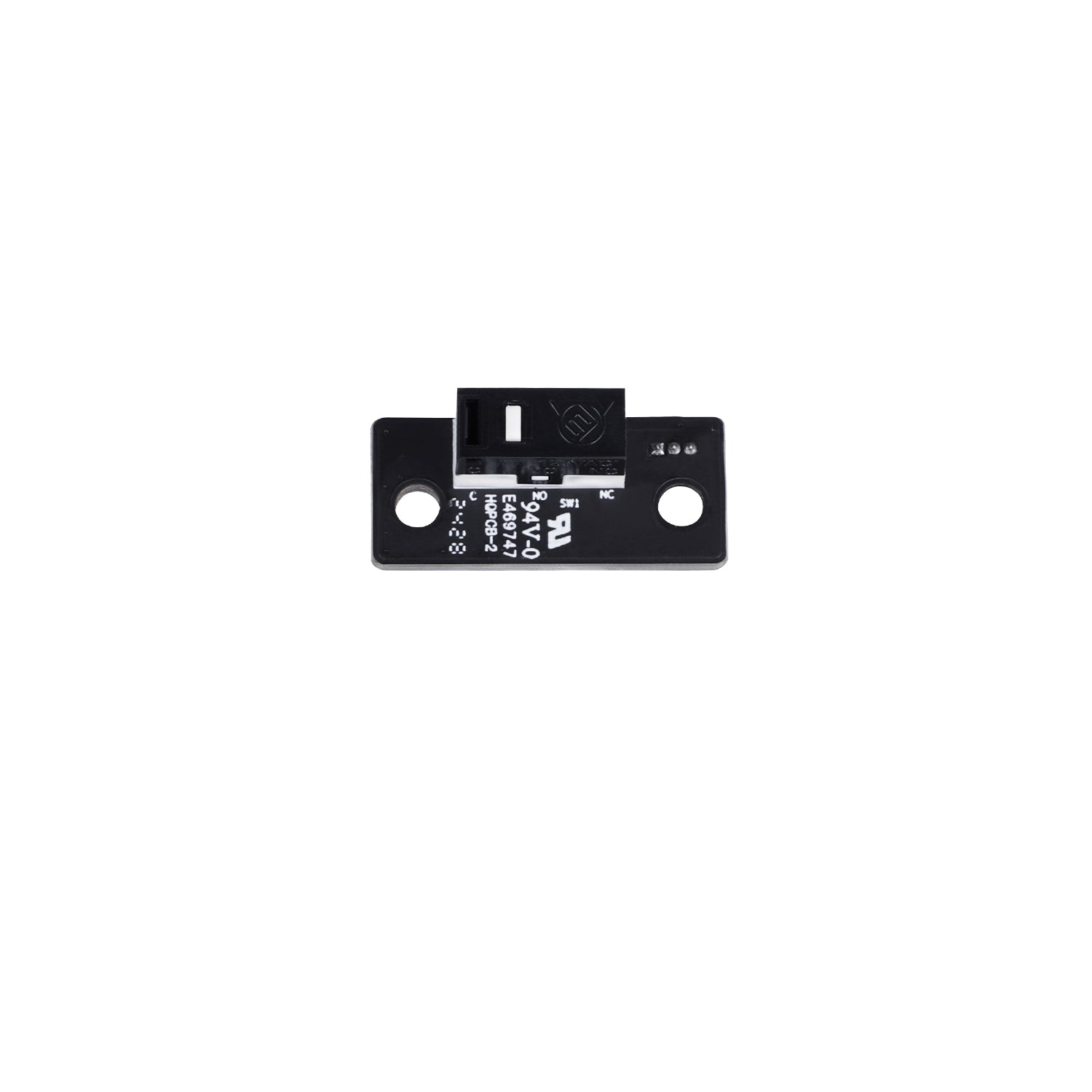 A black Creality limit switch for 3D printer, with mounting holes and brand labeling visible.