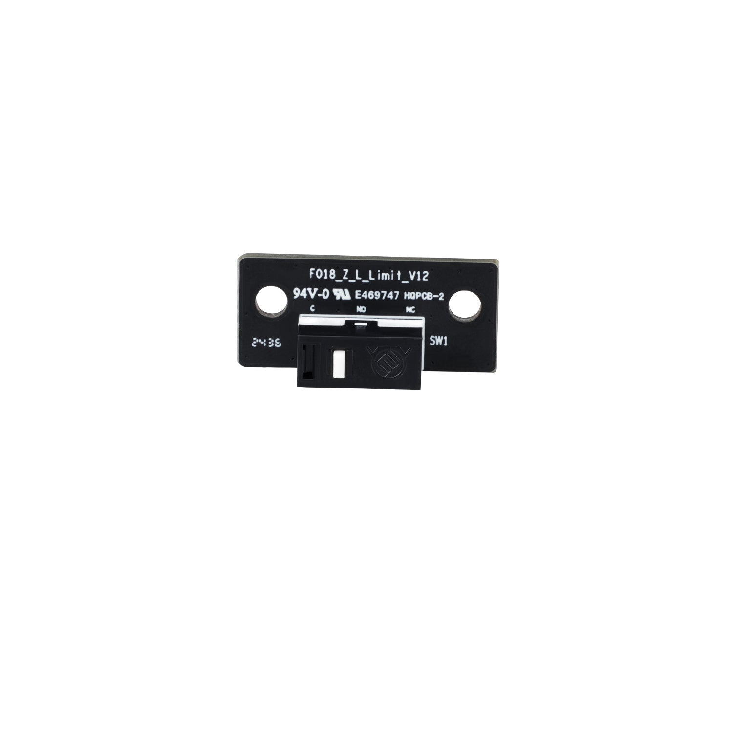 A black Creality limit switch for 3D printer, with mounting holes and brand labeling visible.