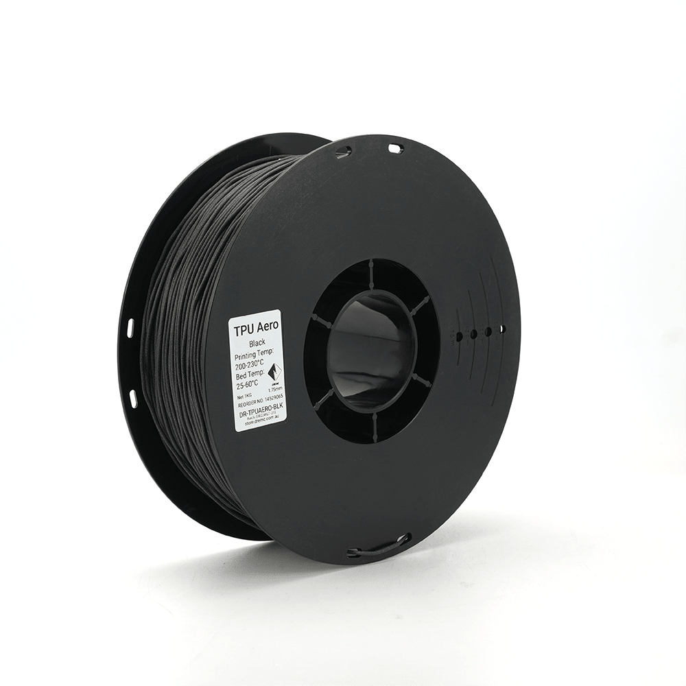 Black DREMC TPU Aero 3D printing filament spool on a white background