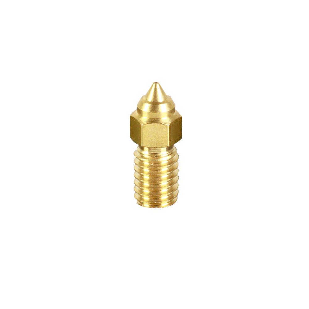 A single brass 0.4mm M6 nozzle for 3D printer cartridges, showing a threaded section and a conical nozzle tip.