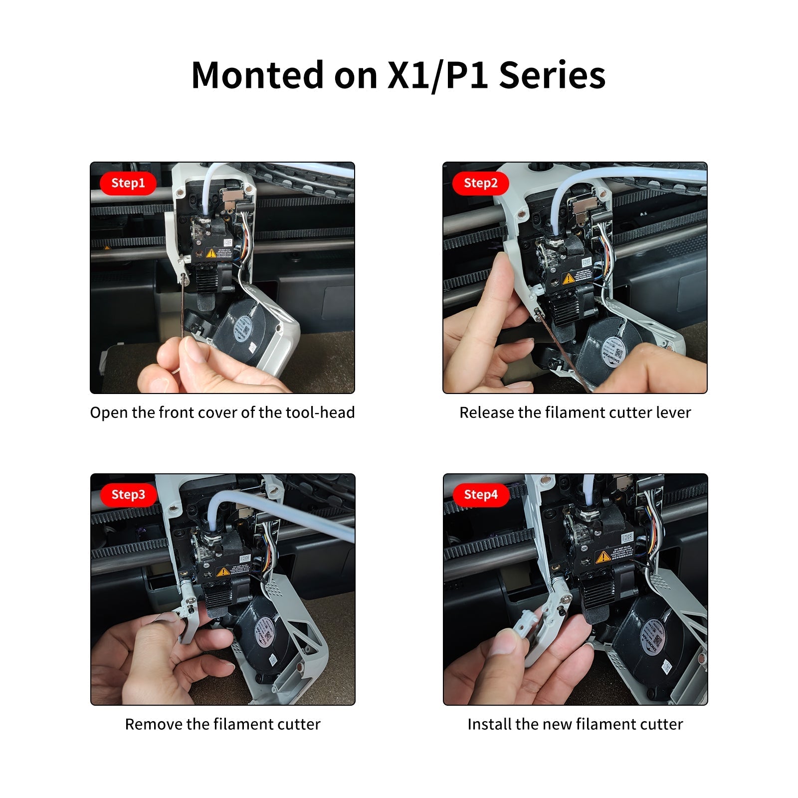 Step-by-step guide on how to install a new filament cutter on X1/P1 Series equipment.