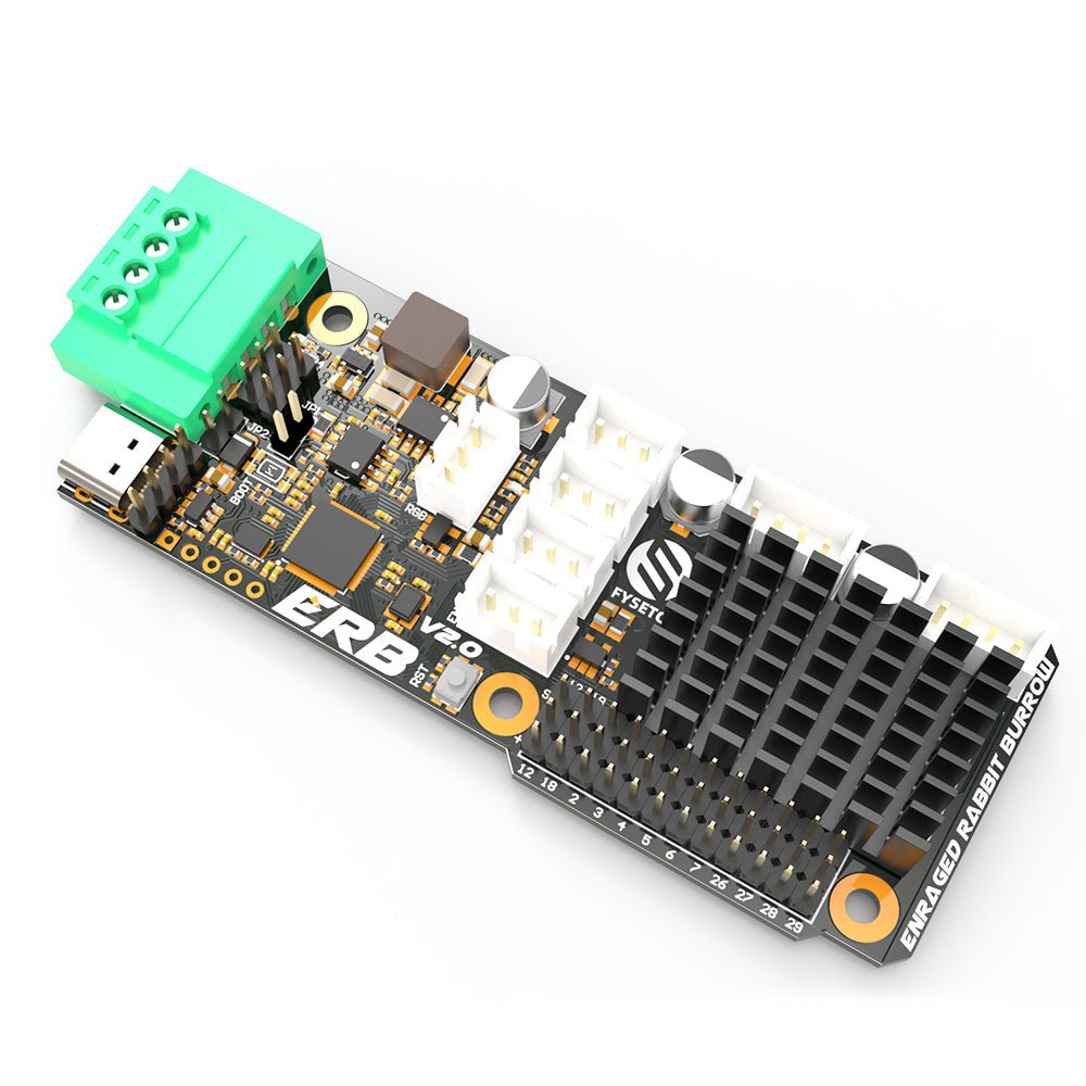 Electronic circuit board with 'ERB' branding on a white background