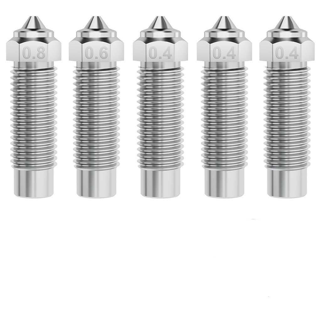 A series of five hardened steel nozzles of different sizes, intended for use with 3D printers.