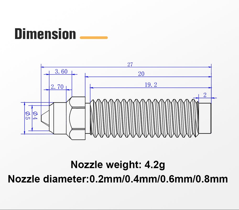 Technical drawing of a nozzle with dimensions and weight information on a white background