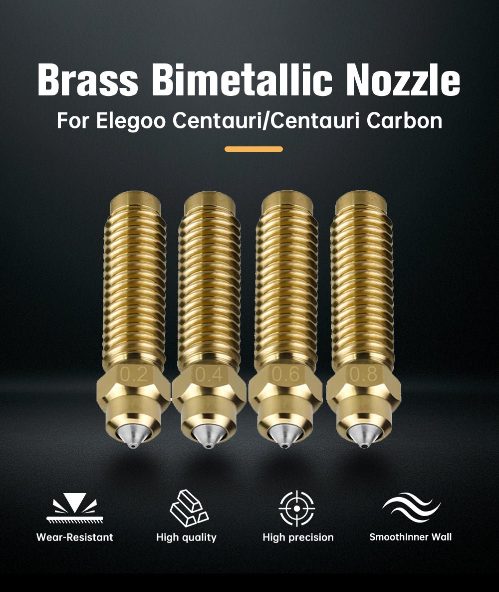 Four brass bimetallic nozzles for Elegoo Centauri/Centauri Carbon on a black background.