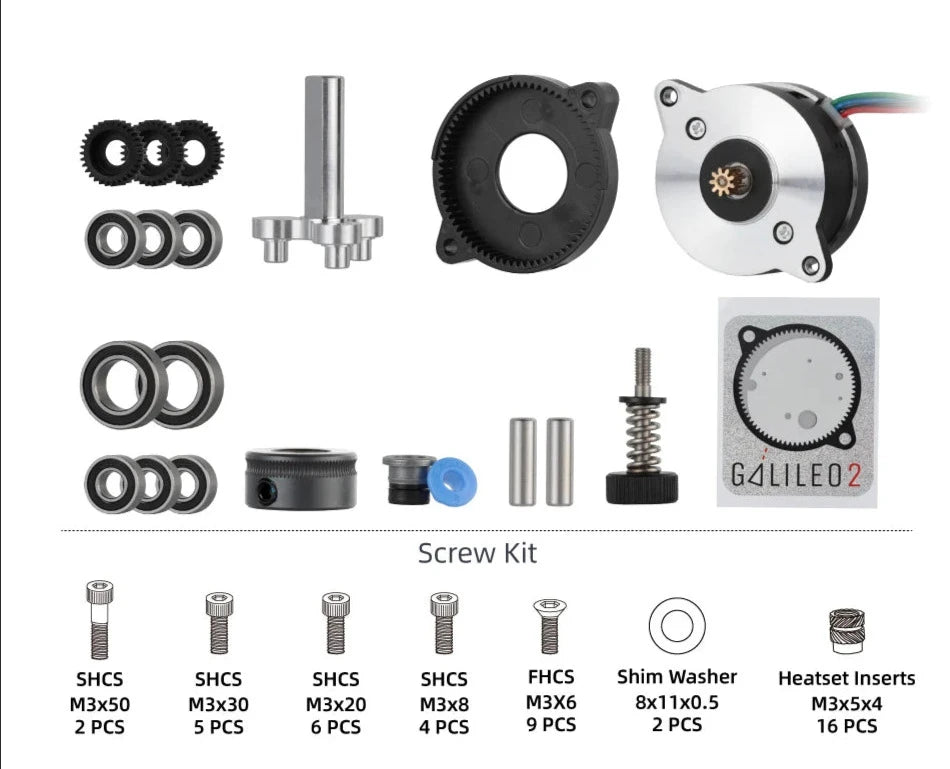 An assortment of spare parts for LDO Galileo 2 Extruder / Z Assembly, including bearings, screws, and other mechanical components.