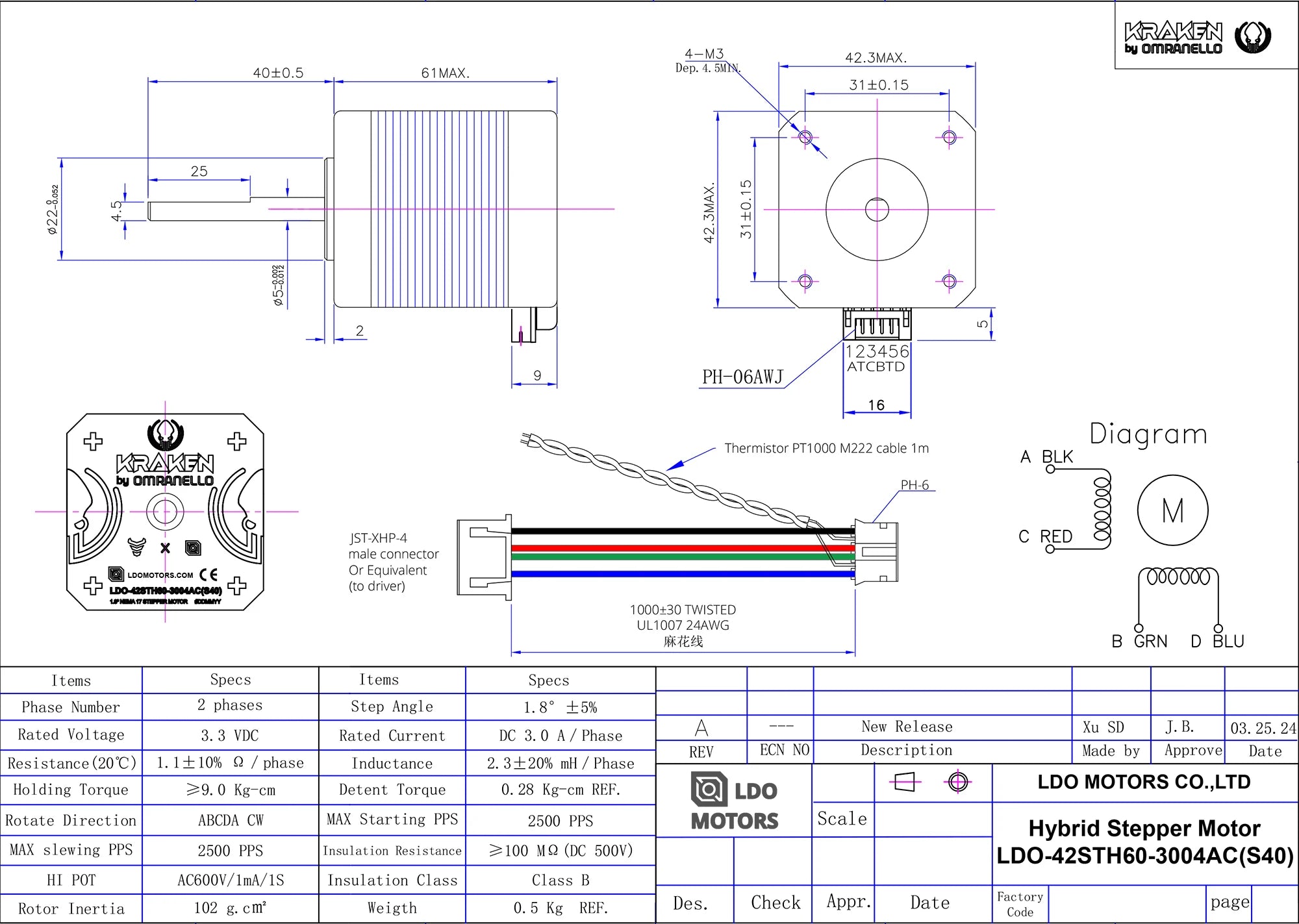 LDO x Kraken Stepper Motors High Torque 1.8/0.9 Stepper by Devil Design - Kraken 1.8 3004AH S37 D Shaft - LDO - 42STH60 - 3004HA(S37)D - DREMC STORE