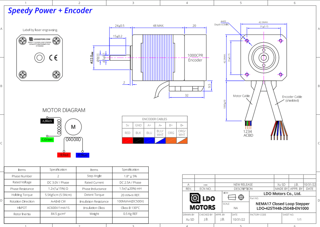 Nema 17 Closed Loop Stepper Motor - LDO - 42STH48 - 2504B - EN1000 - LDO - 42STH48 - 2504B - EN1000 - DREMC STORE