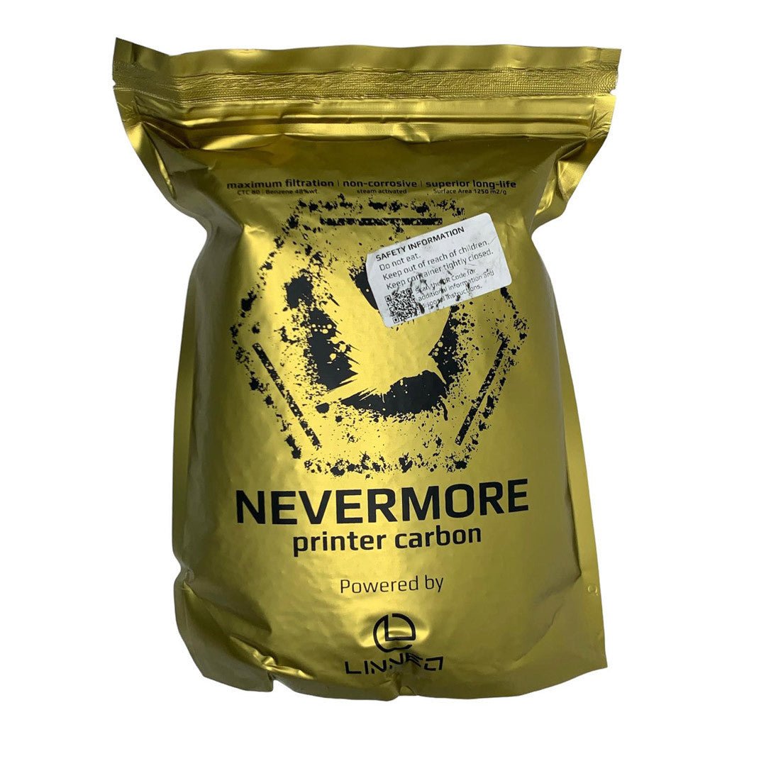 A golden bag of Nevermore 3D Printer Carbon pellets.