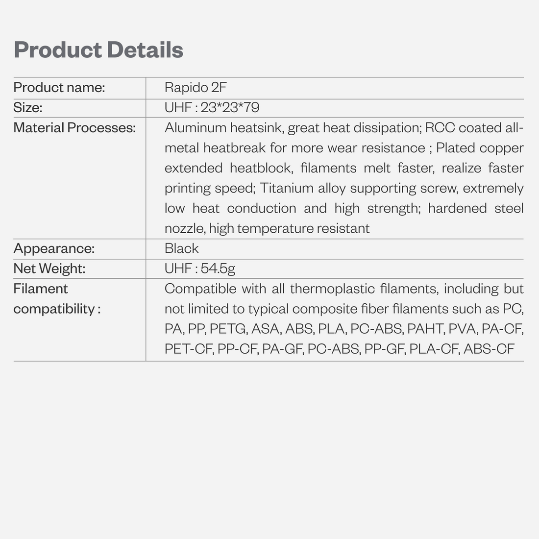 Phaetus Rapido Hotend 2F - UHF w/ PT1000 Thermistor - Black - 6973090164652 - DREMC STORE