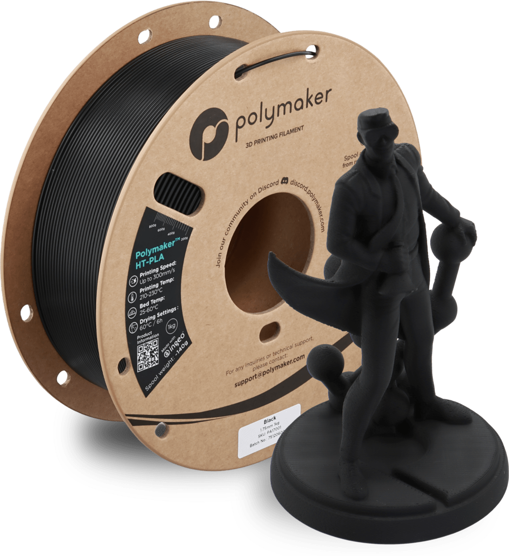 Spool of Polymaker 3D printing filament with a black 3D printed sculpture on a white background