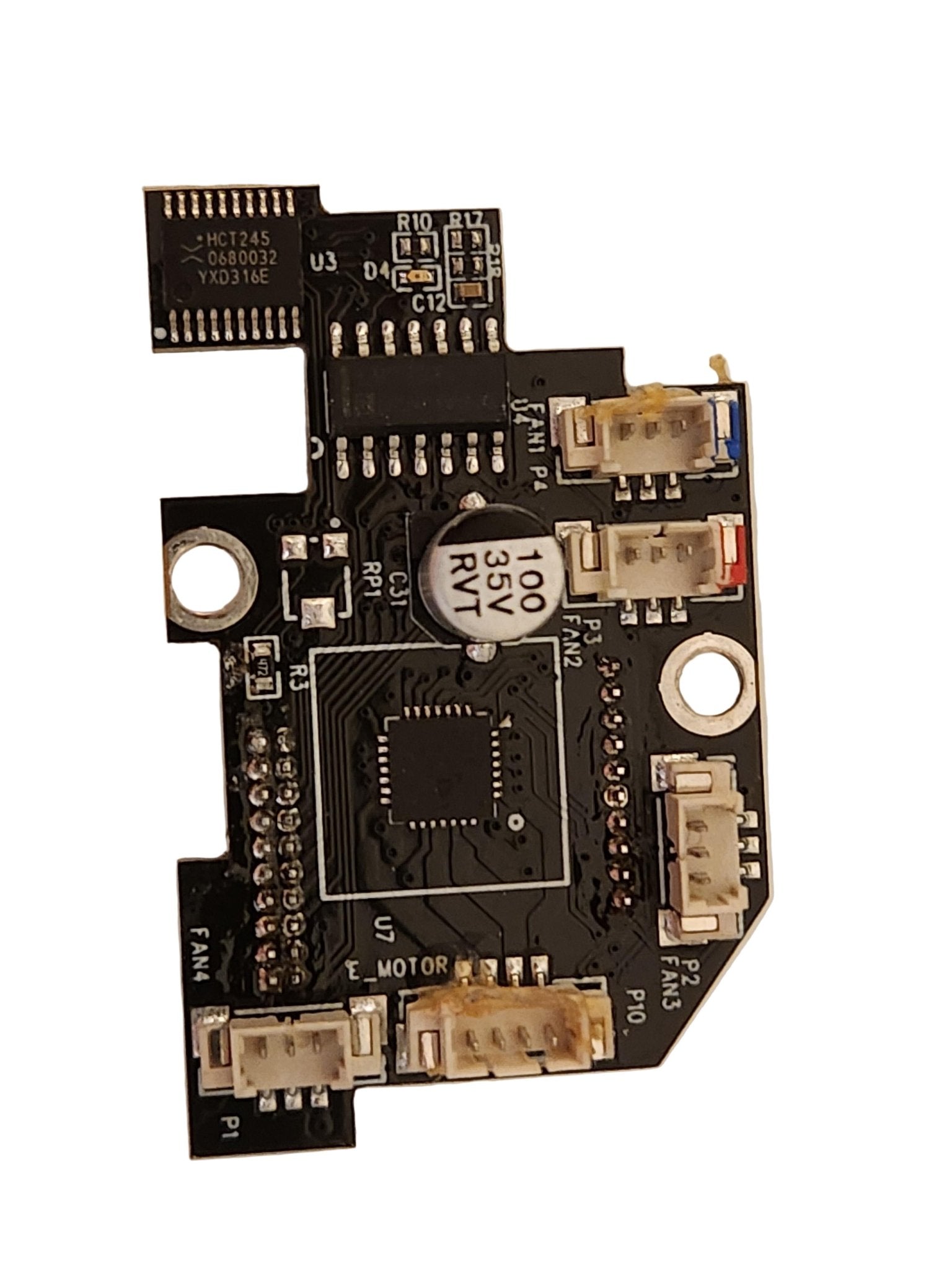 Electronic circuit board with various components on a white background