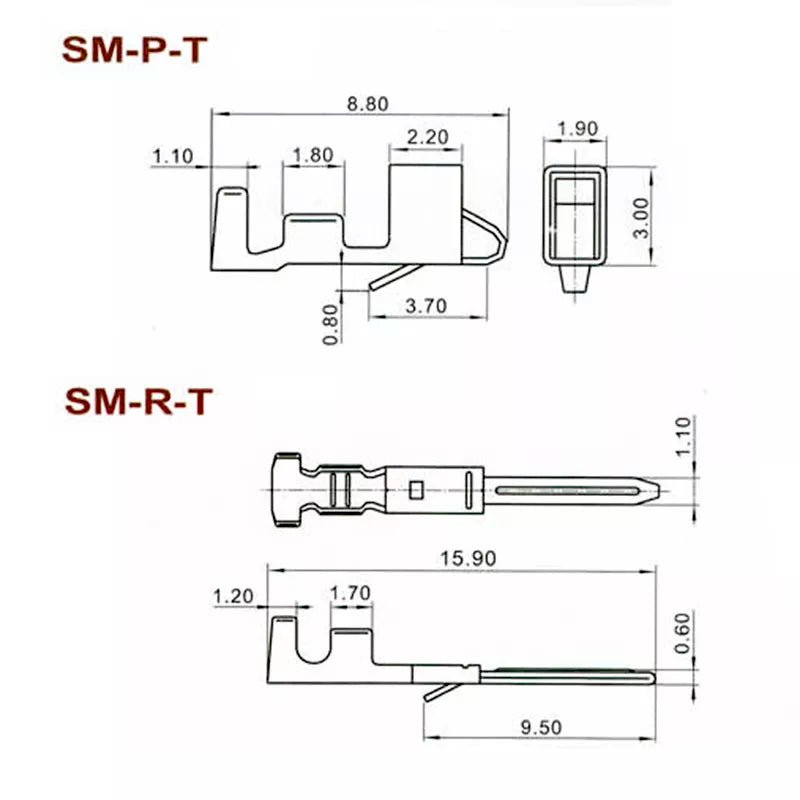 Technical drawing of JST SM male and female terminals, showing dimensions and wire connection points.