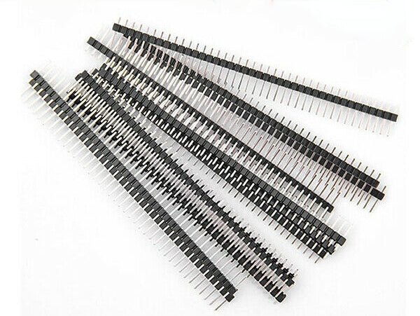 A set of 40-pin single row straight male pin headers with 2.54mm pitch, made of black metal with nickel plating.