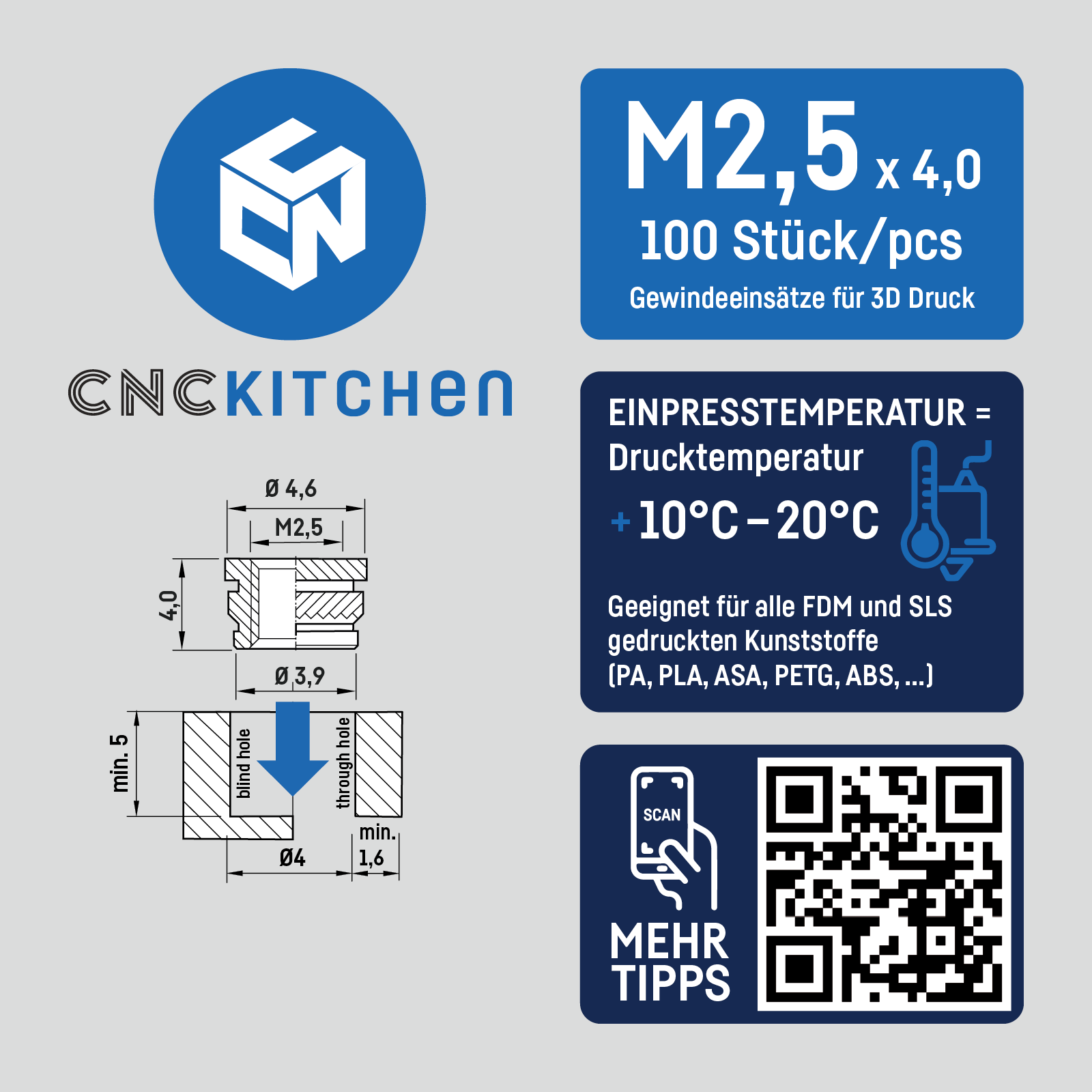 CNC Kitchen Threaded Insert M2 / M2.5 / M3 / M4 / M5 / M6 / M8 / 1.4"