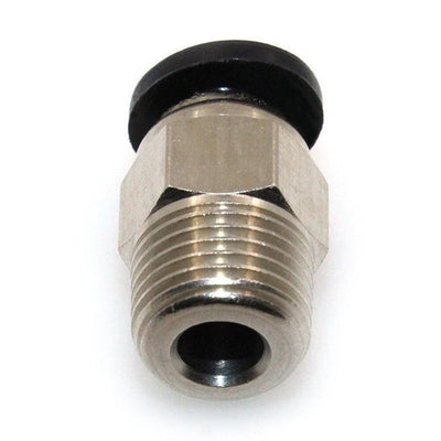 A silver Bowden coupler for 4mm OD tube with metal retention teeth and a black clip.