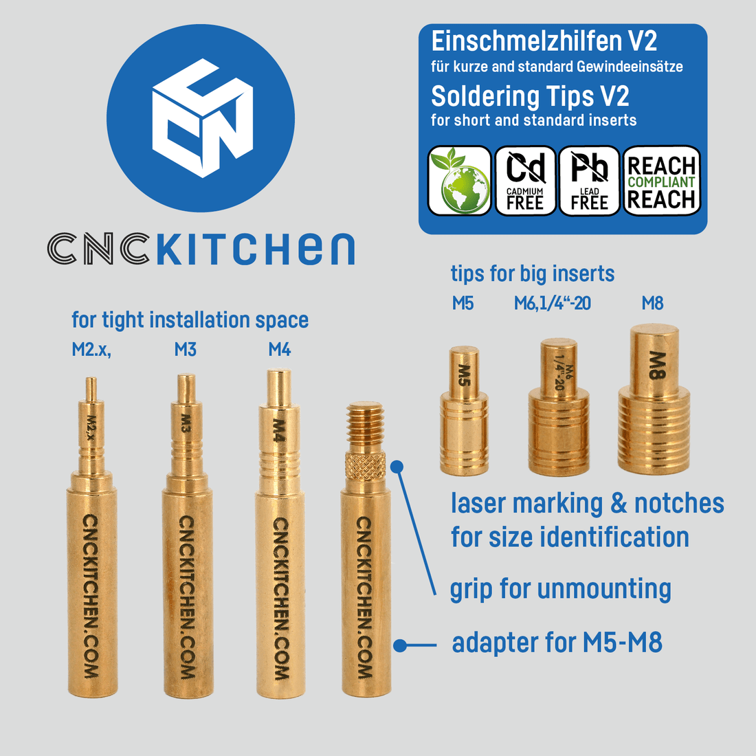 CNC Kitchen Soldering Tips V2 for M2,x, M3, M4, M5, M6+1/4", M8 - CNC - M2 - M8 - DREMC STORE