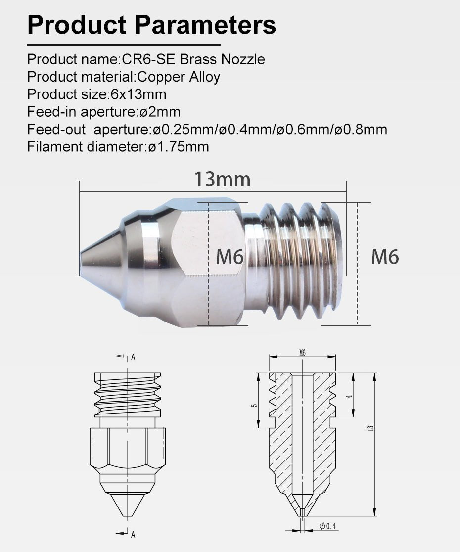 Creality Comptaible CR - 6 SE Ender 3 S1 Sprite Extruder MK8 Plated Copper Nozzle - 0.25mm - 63990185 - DREMC STORE