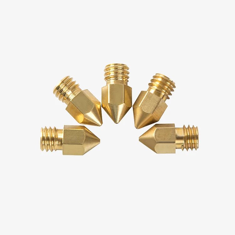 A collection of 5 Creality MK8 brass nozzles for 3D printers, displayed against a white background.