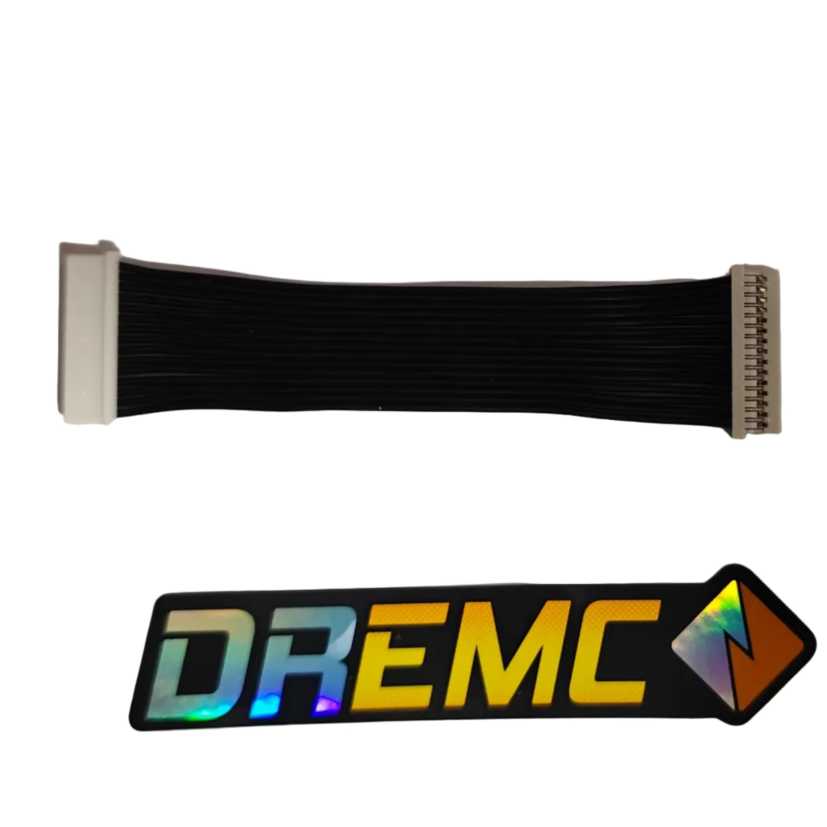 Flexible black cable on a white surface with 'DREMC' branding.