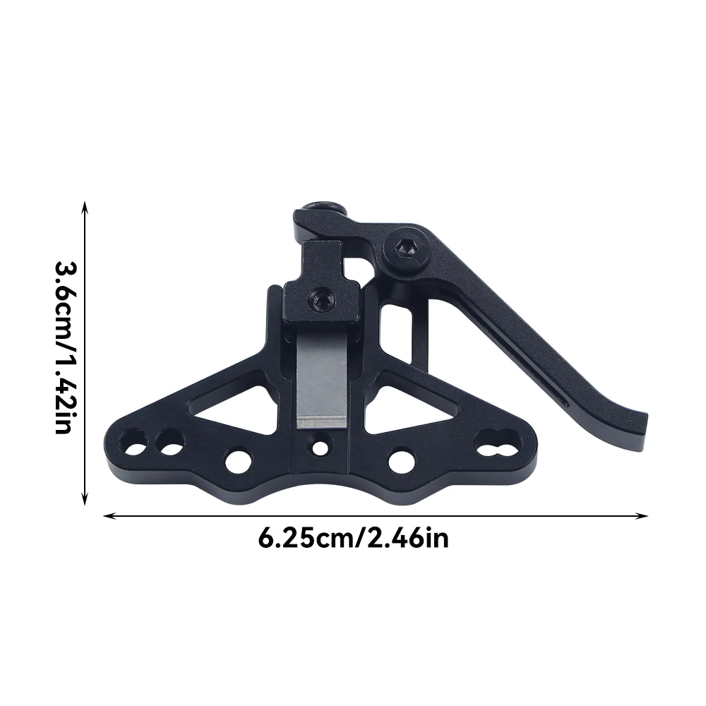Black metal bracket with dimensions indicated on a white background