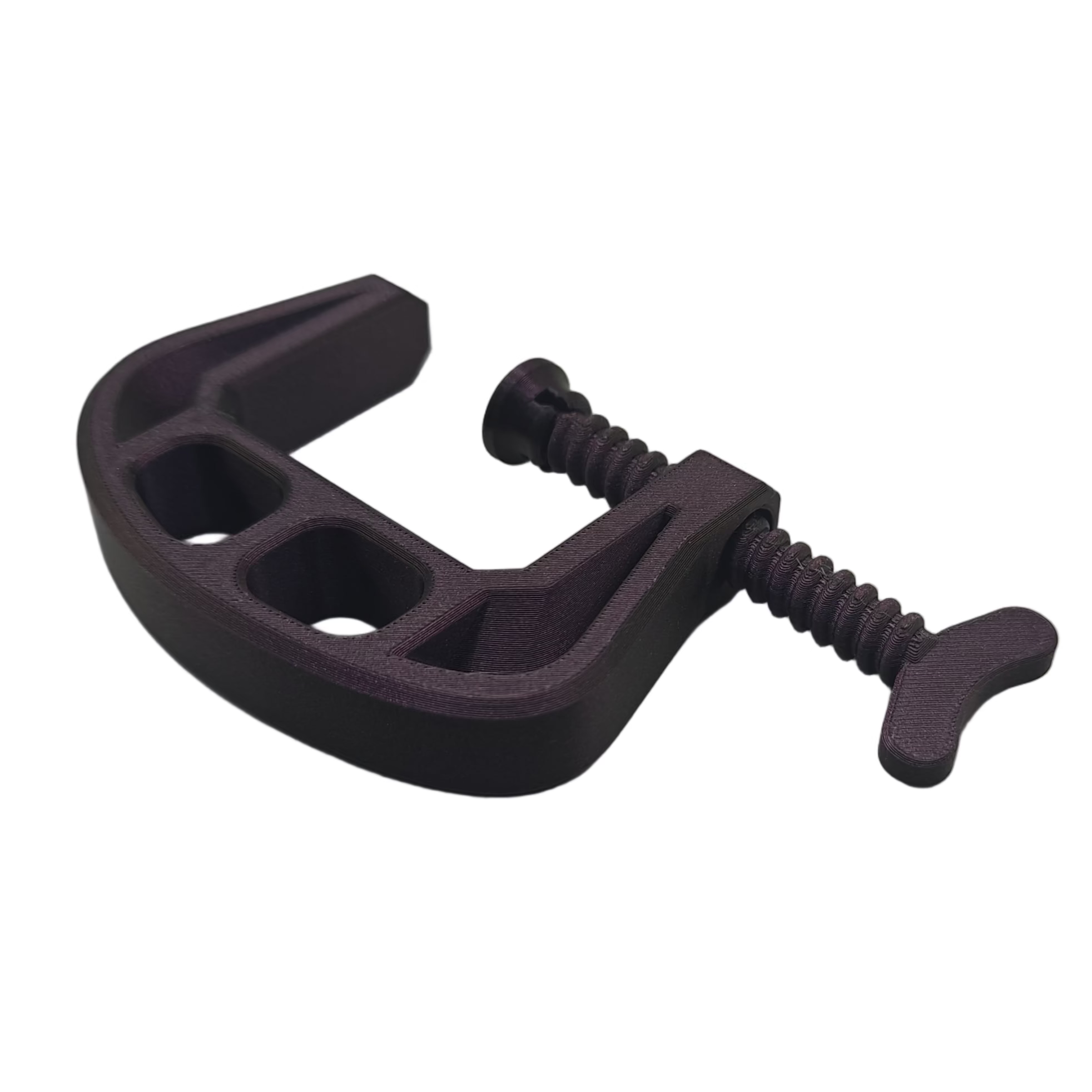 Purple C-clamp on a light gray background