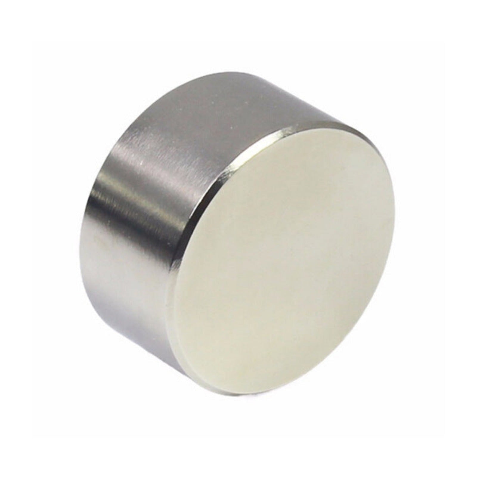 A cylindrical metallic object with a brushed silver finish and a flat circular face, shown on a plain white background.