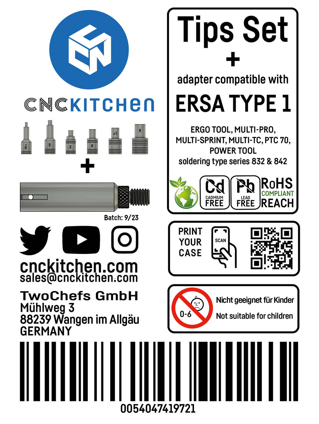 CNC Kitchen Soldering Tips + Adapter compatible with ERSA tips series 832 & 842