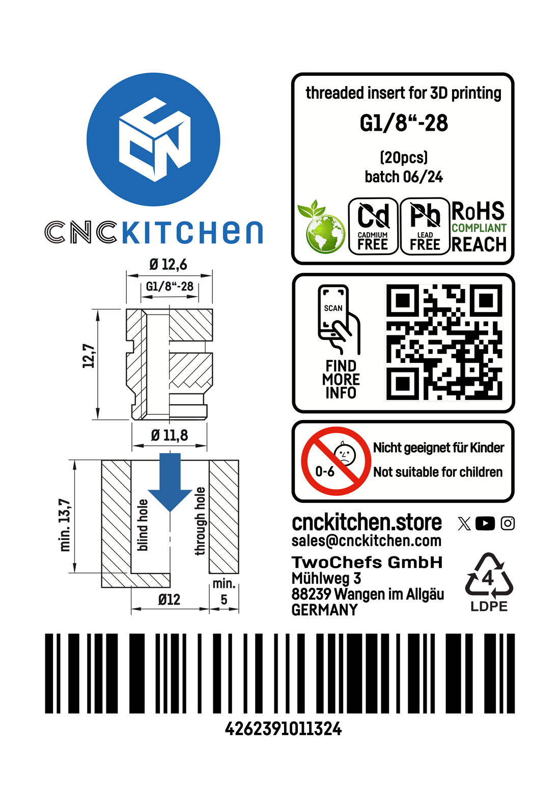 CNC Kitchen Threaded Insert M2 / M2.5 / M3 / M4 / M5 / M6 / M8 / 1.4"