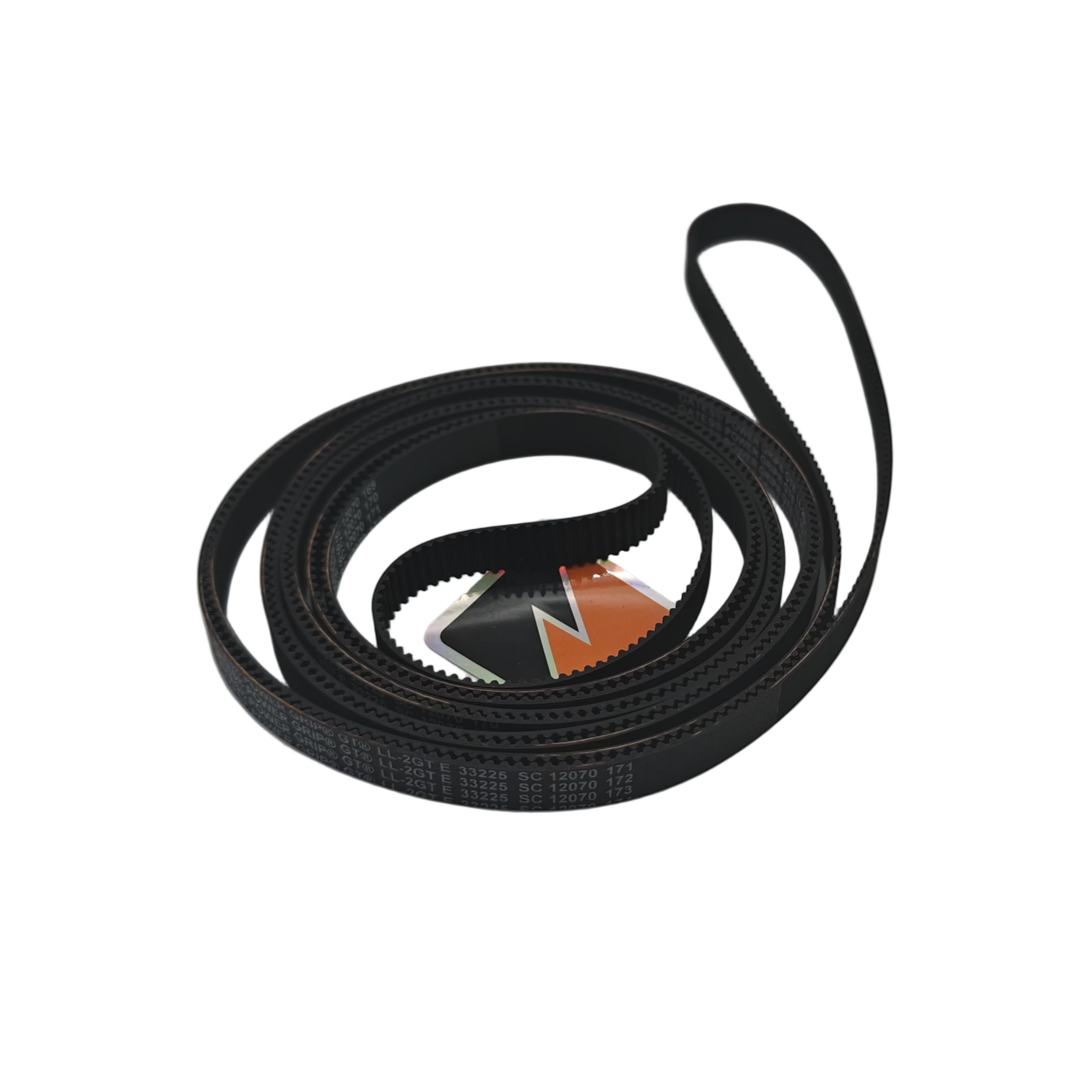 Black belt with a logo on a light gray background