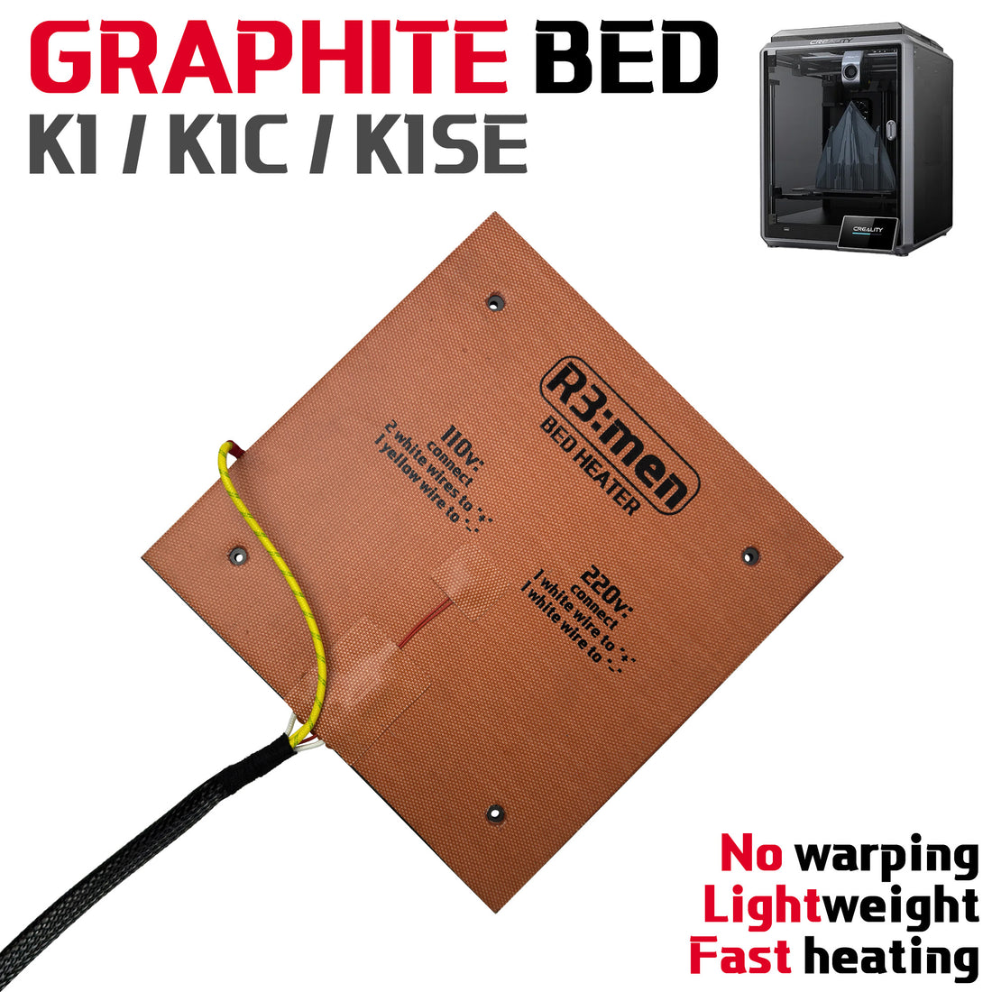 R3:men graphite bed heater with branding and product features on a white background