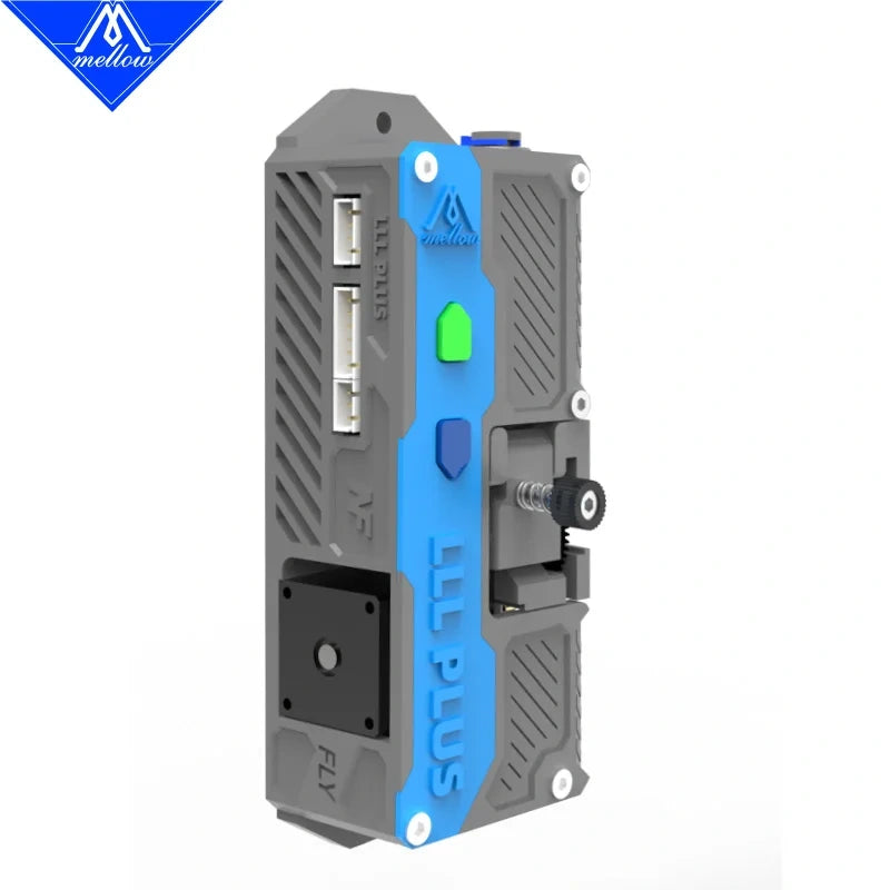 Mechanical device with blue and gray color scheme on a white background